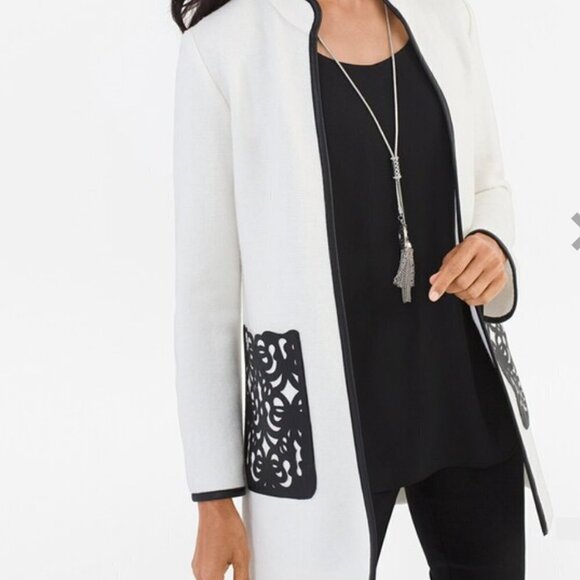 Chico's Cream with Black trim Boiled Wool Pocket-Detail Jacket Size 0 -US S/4 - Picture 12 of 15